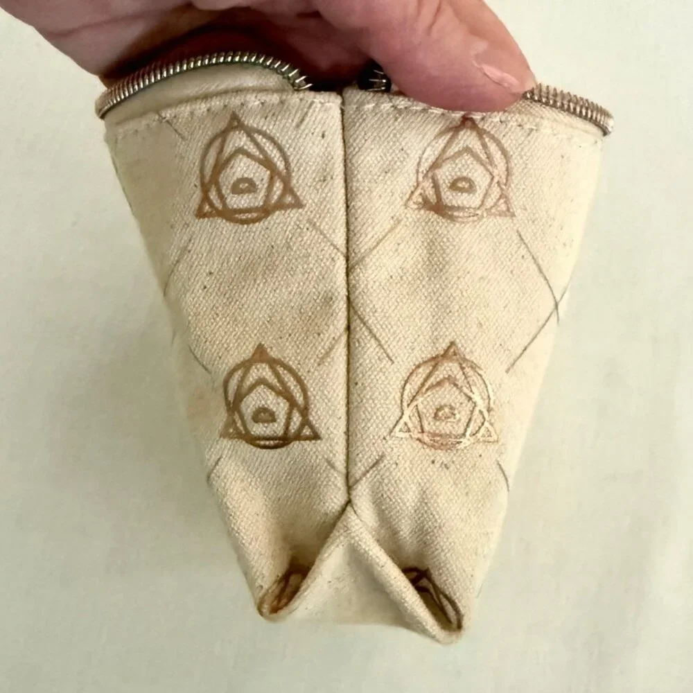 Small Beige Canvas Printed Pouch Cosmetic Bag 6x4x2 Inches Rose Gold Zipper